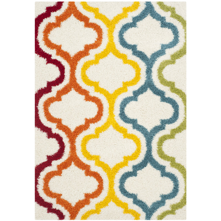 Ivory and Multicolor Round Shag Kids Rug, Synthetic Material, 5'3" x 7'6"