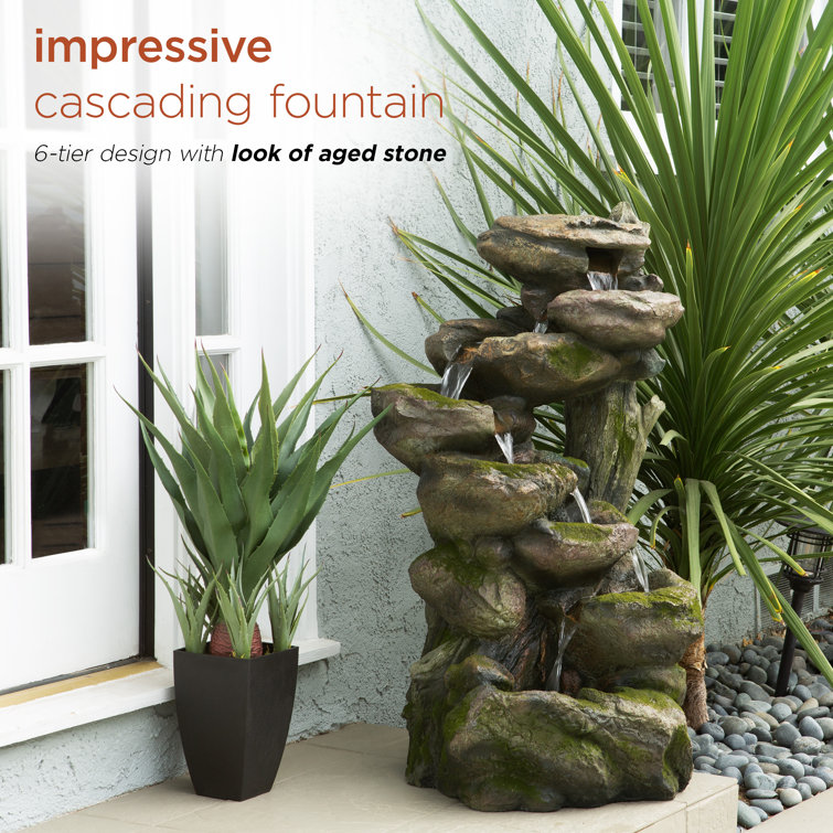 Rustic Gray and Brown Multi-Tier Stone Fountain with LED Lights