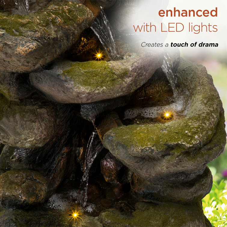 Rustic Gray and Brown Multi-Tier Stone Fountain with LED Lights