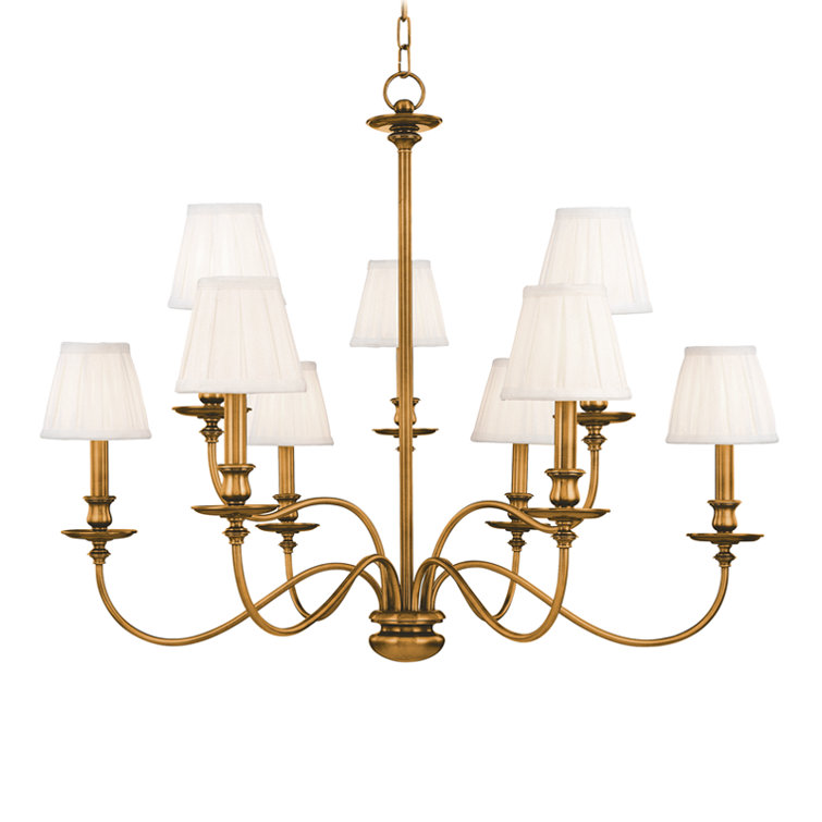Elegant Aged Brass 9-Light Chandelier with Off-White Faux Silk Shades