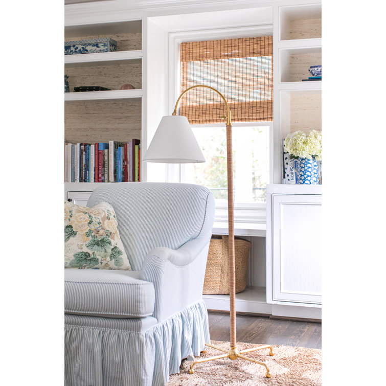 Curves No.1 Aged Brass Arc Floor Lamp with Off-White Linen Shade