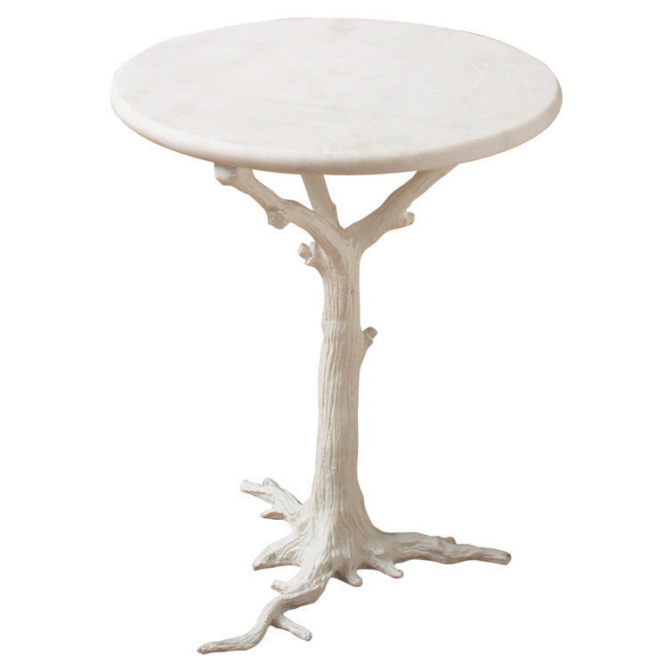 White Powder-Coated Round Stone and Metal Side Table