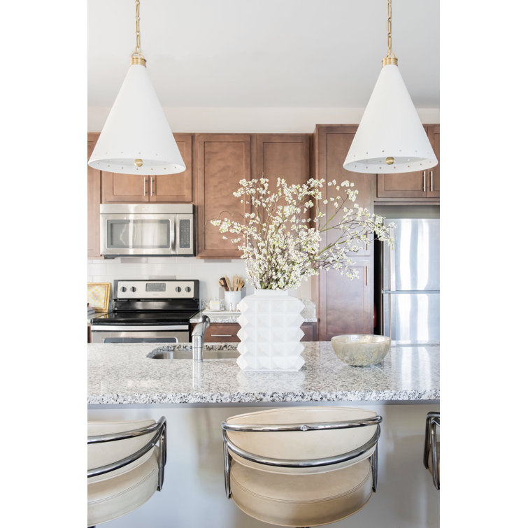 Aged Brass and White Plaster 1-Light Pendant with Steel Shade