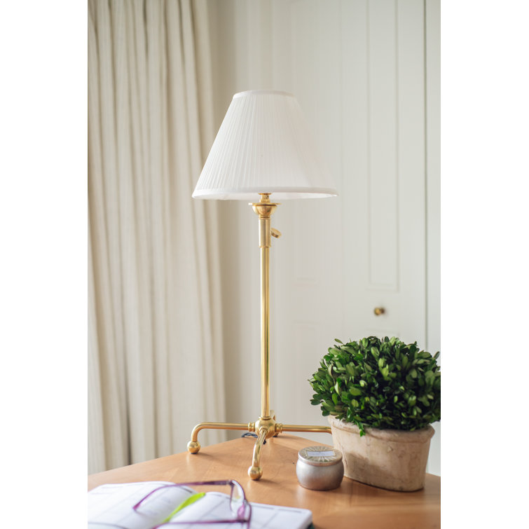 Aged Brass Adjustable Arc Table Lamp with Silk Shade