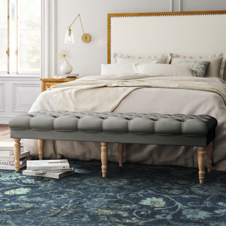 Layla 65'' Gray Tufted Fabric Bench with Turned Wood Legs