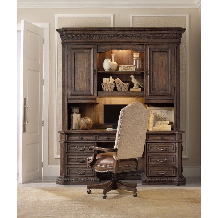 Traditional High Back Brown Leather Swivel Chair with Wood Base