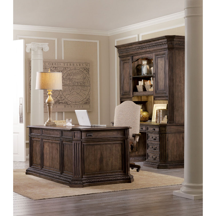 Traditional High Back Brown Leather Swivel Chair with Wood Base