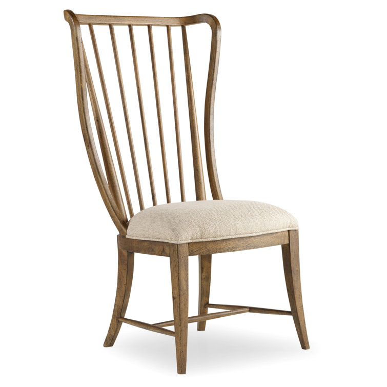 Tall Brown Wood Windsor Side Chair with Linen Upholstery
