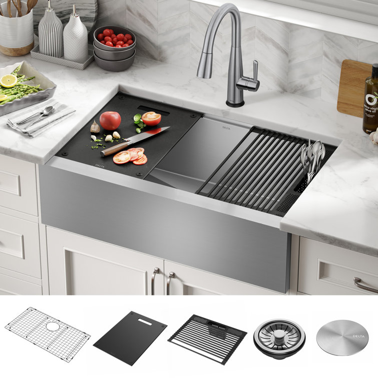 Delta Rivet 33" Stainless Steel Farmhouse Workstation Sink
