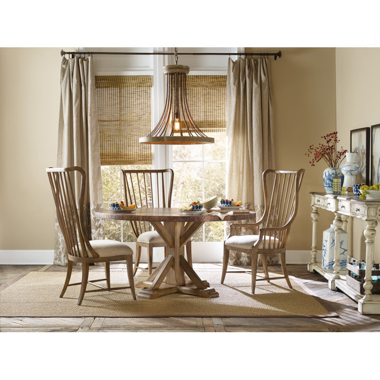 Tall Brown Wood Windsor Side Chair with Linen Upholstery
