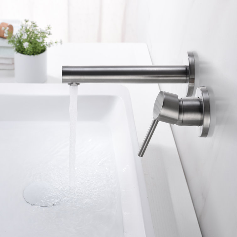 Brushed Nickel Wall-Mount Bathroom Faucet with Lever Handle