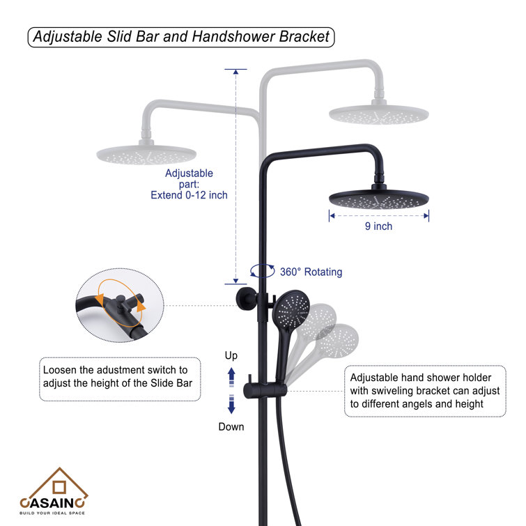 Matte Black Adjustable Height Rain Shower System with Handheld