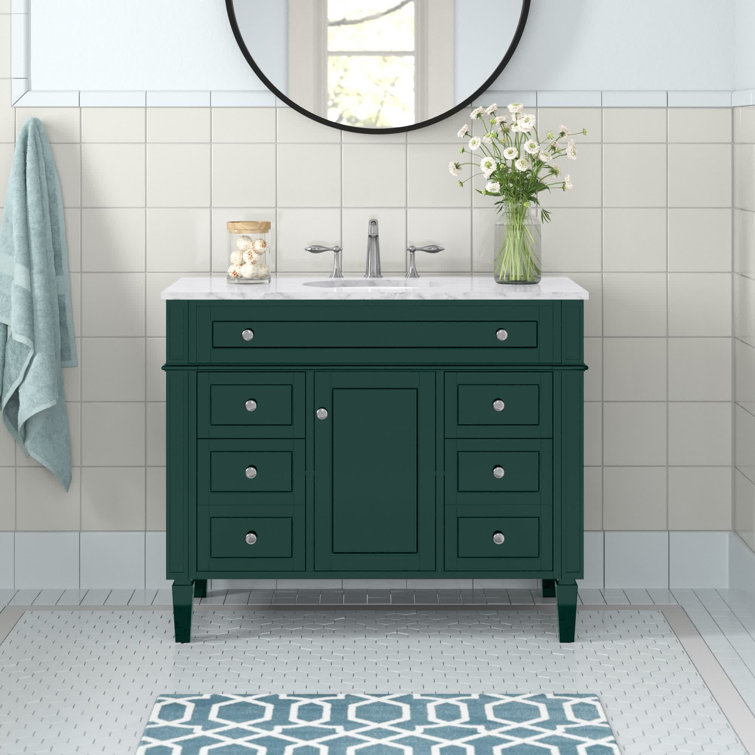 Green Solid Wood and Marble Single Bathroom Vanity