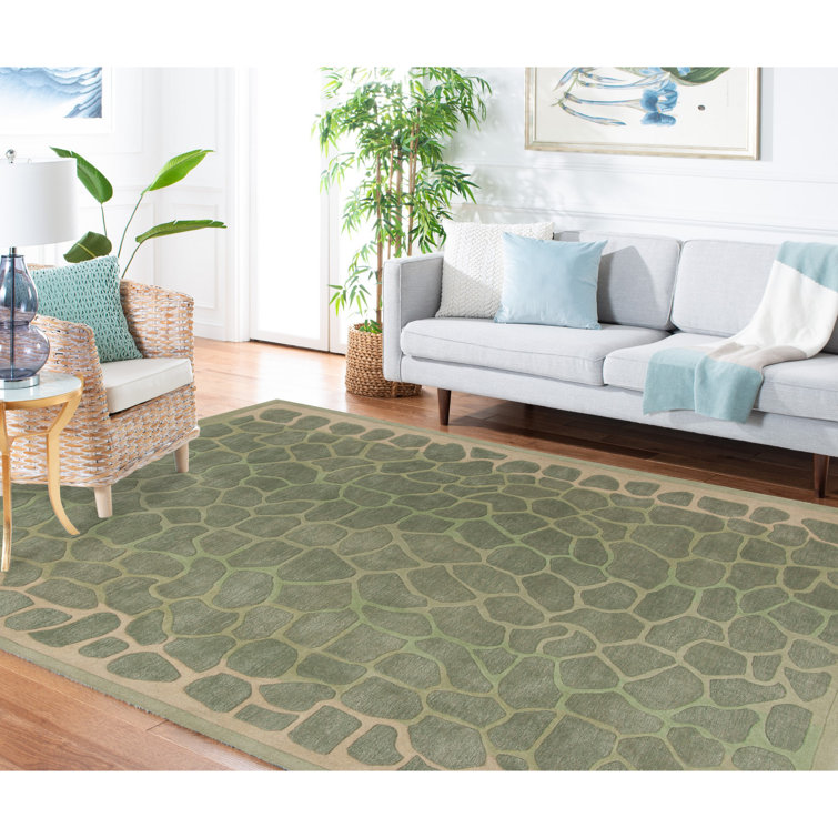 Hand-Knotted Geometric Grassland Green Wool Area Rug, 5' x 8'