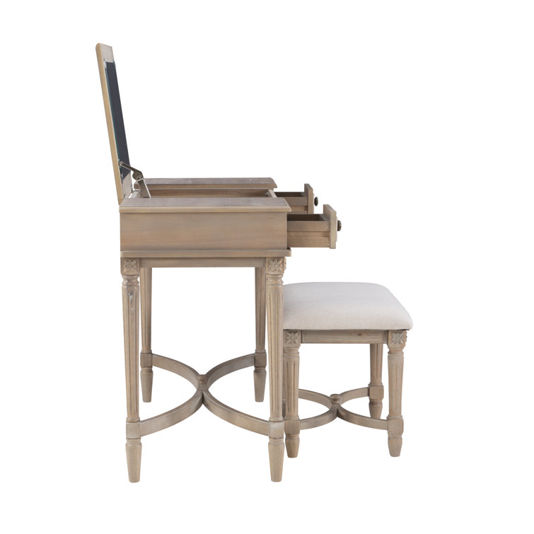 Cyndi Gray Wash Traditional Flip Top Vanity Set with Brass Accents