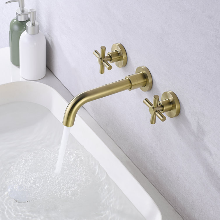 Brushed Brass Wall Mount Bathroom Faucet with Cross Handles