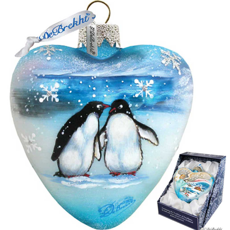 Hand-Painted Glass Heart Ornament with Penguins