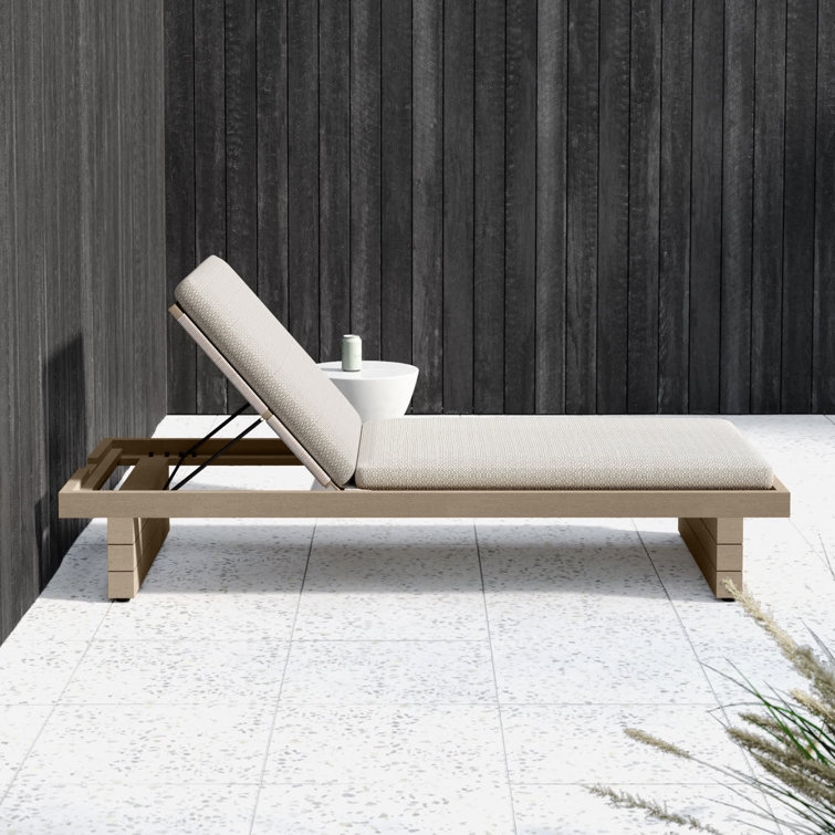 Brown Teak Single Chaise Lounge with Stone Gray Cushions