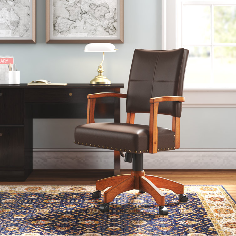 Espresso Leather Swivel Wood Banker Chair with Armrests