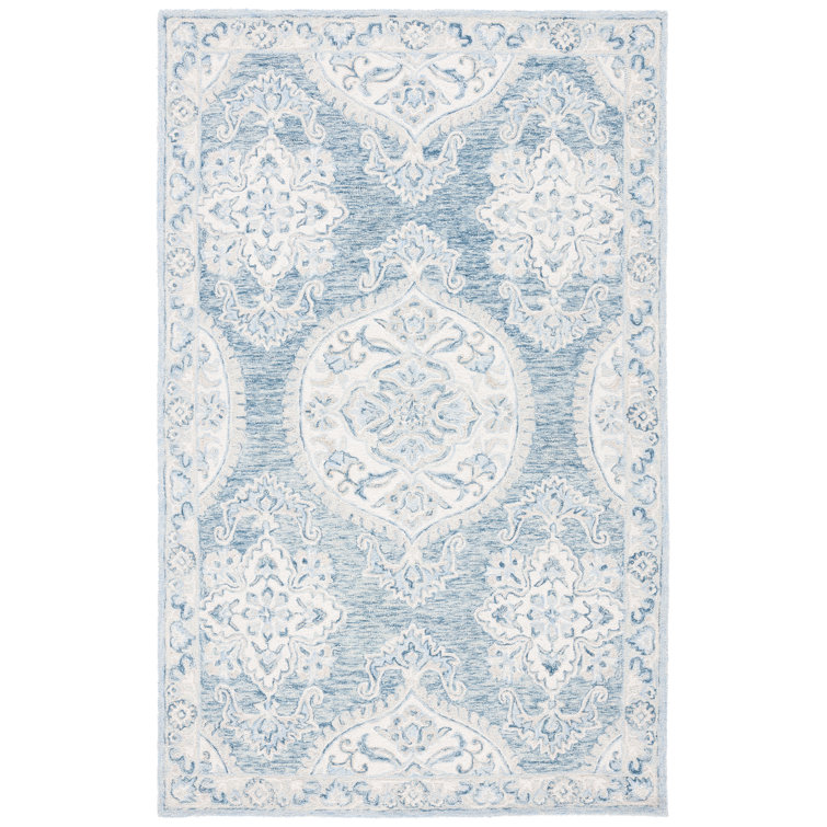 Ivory and Blue Hand-Knotted Wool Oriental Rug, 8' x 10'