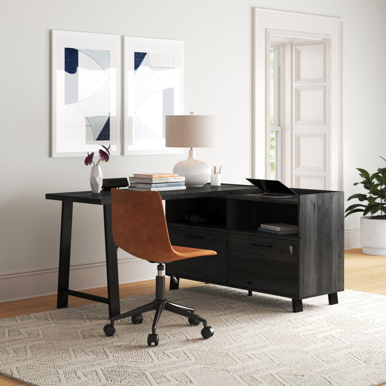 Gray Oak L-Shaped Computer Desk with Power Outlet and Filing Cabinet