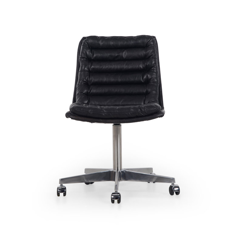 Black Leather Armless Swivel Task Chair with Wood Base
