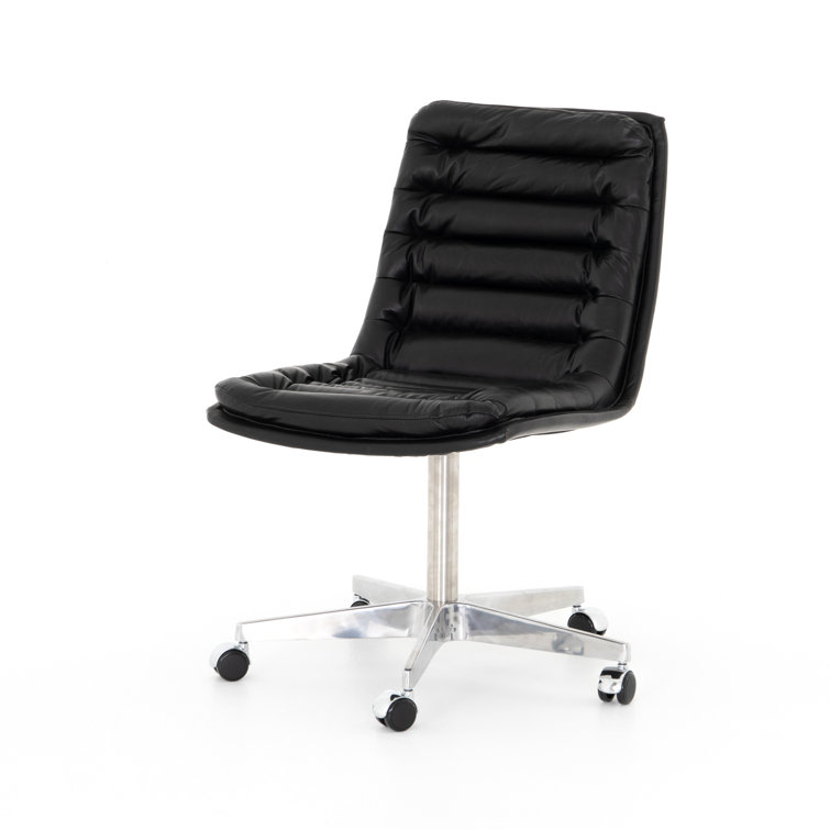 Black Leather Armless Swivel Task Chair with Wood Base