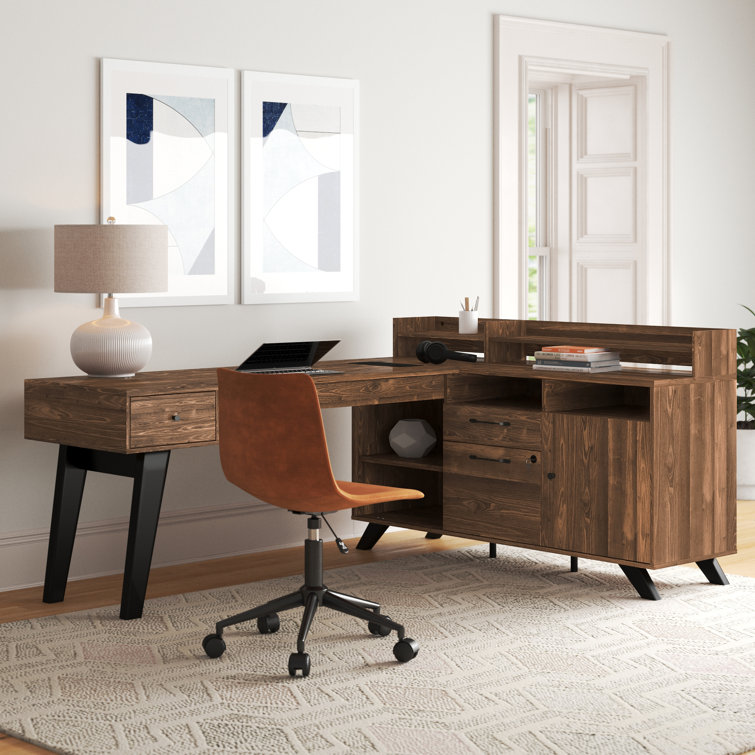 Natural Walnut L-Shaped Executive Desk with Hutch and Power Outlet