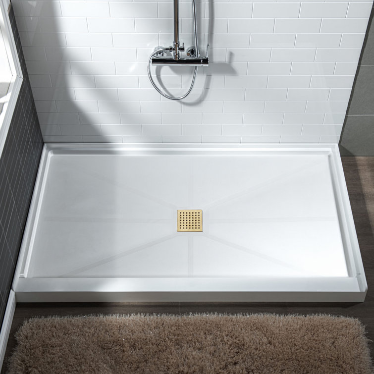 36" White Solid Surface Shower Pan Base with Brushed Gold Drain Cover