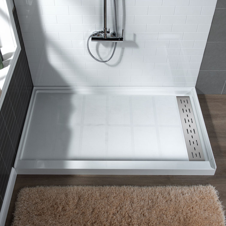 60" White Rectangular Shower Pan with Brushed Nickel Drain Cover