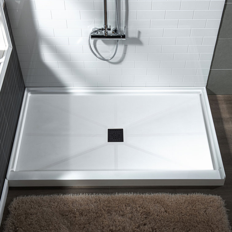60" White Solid Surface Rectangular Shower Pan with Matte Black Drain Cover