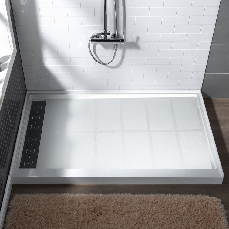 48" White Solid Surface Rectangular Shower Pan with Matte Black Drain Cover