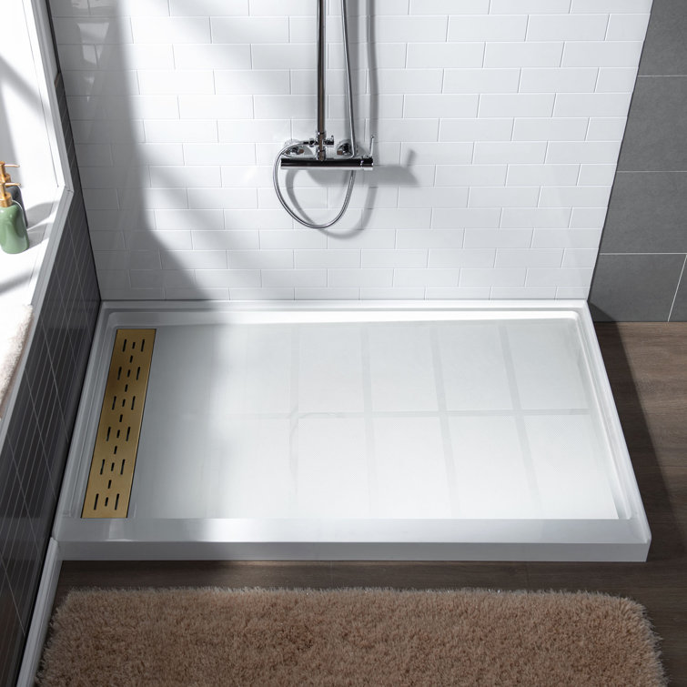 48" White Rectangular Shower Pan with Brushed Gold Drain