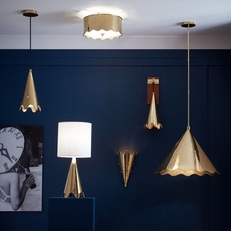 Elegant Brass Cone Pendant with Ruffled Edge and Perforated Light Dots