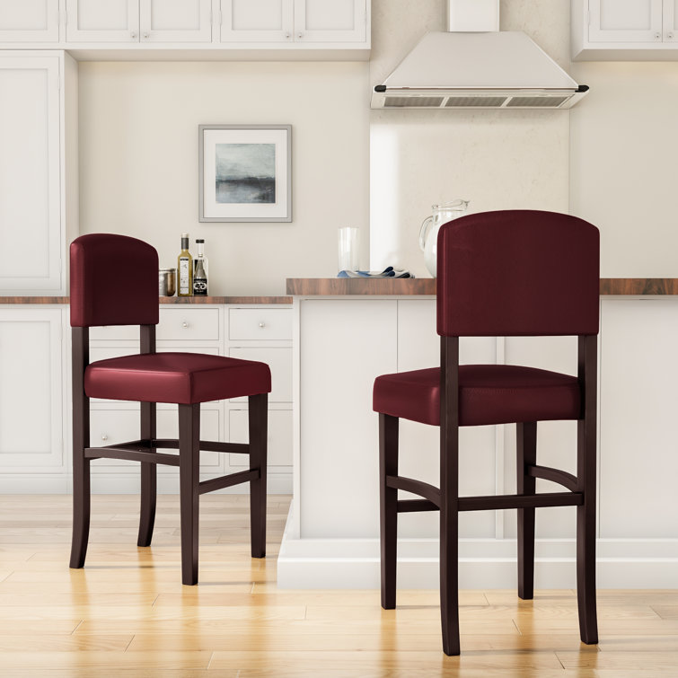 Espresso Wood Bar Stool with Red Faux Leather Upholstery