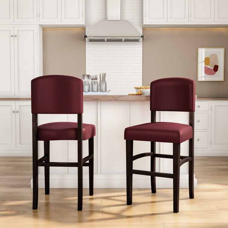 Espresso Wood Bar Stool with Red Faux Leather Upholstery
