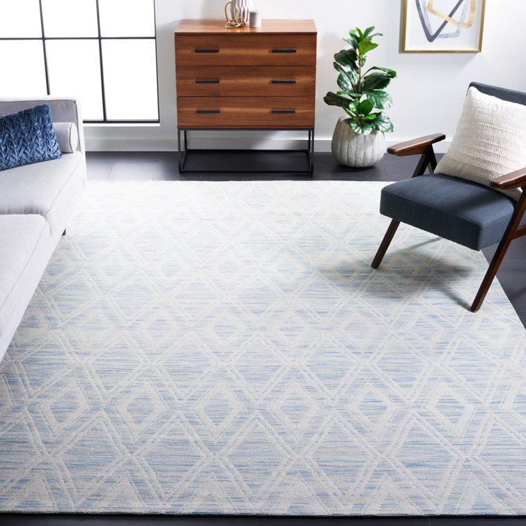 Light Blue and Ivory Geometric Wool 4' x 6' Area Rug