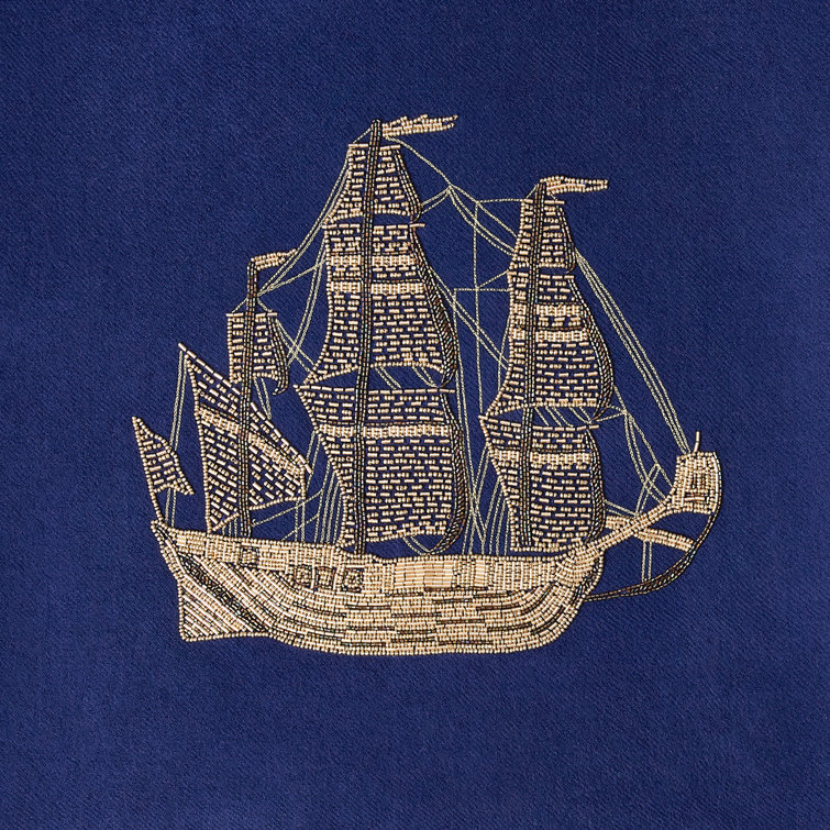 Navy Blue Hand Woven Wool Throw with Ship Embellishment
