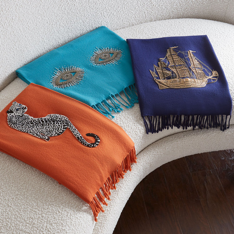 Navy Blue Hand Woven Wool Throw with Ship Embellishment