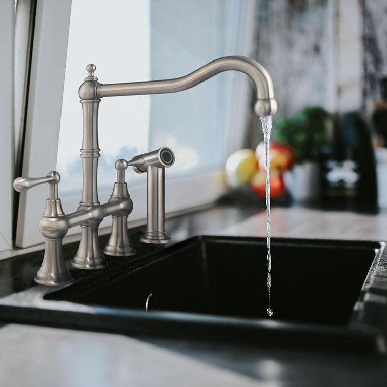 Traditional Swivel Stainless Steel Bridge Kitchen Faucet with Side Spray