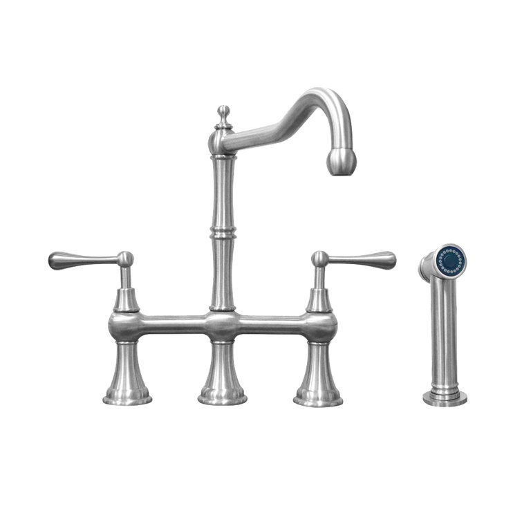 Traditional Swivel Stainless Steel Bridge Kitchen Faucet with Side Spray