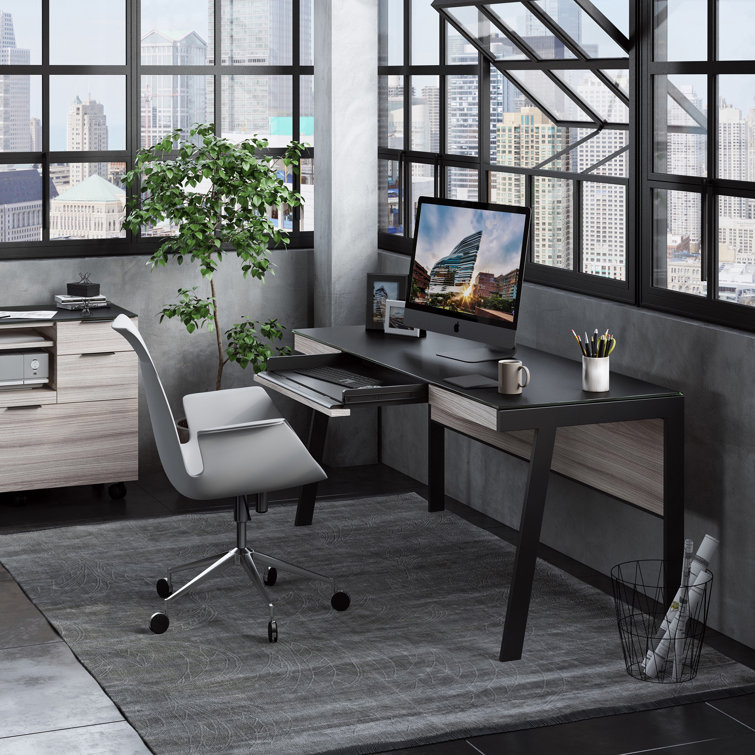 Sigma 42" Clear Glass and Black Metal Reversible Desk Return