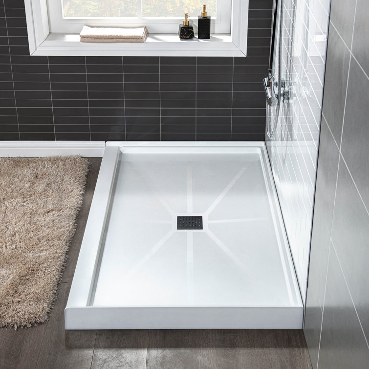 48" White Solid Surface Rectangular Shower Pan with Matte Black Drain Cover