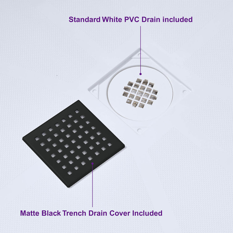 60" White Solid Surface Rectangular Shower Pan with Matte Black Drain Cover
