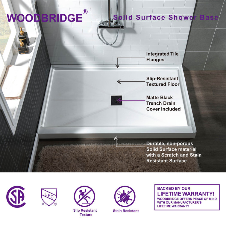 60" White Solid Surface Rectangular Shower Pan with Matte Black Drain Cover