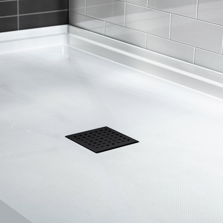 60" White Solid Surface Rectangular Shower Pan with Matte Black Drain Cover