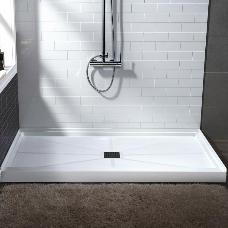 60" White Solid Surface Rectangular Shower Pan with Matte Black Drain Cover
