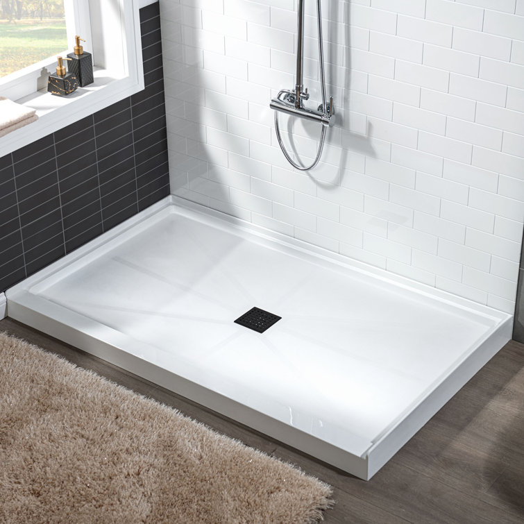 60" White Solid Surface Rectangular Shower Pan with Matte Black Drain Cover