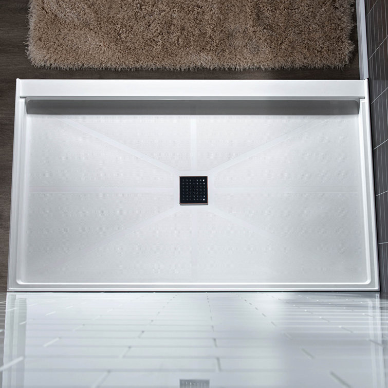 48" White Solid Surface Rectangular Shower Pan with Matte Black Drain Cover