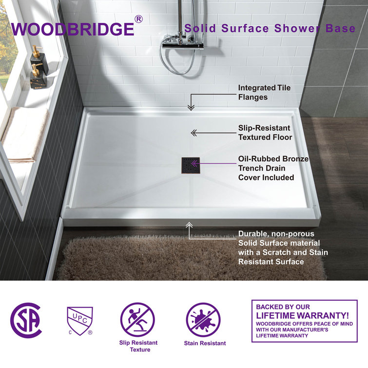36" White Solid Surface Square Shower Pan Base with Oil-Rubbed Bronze Drain Cover